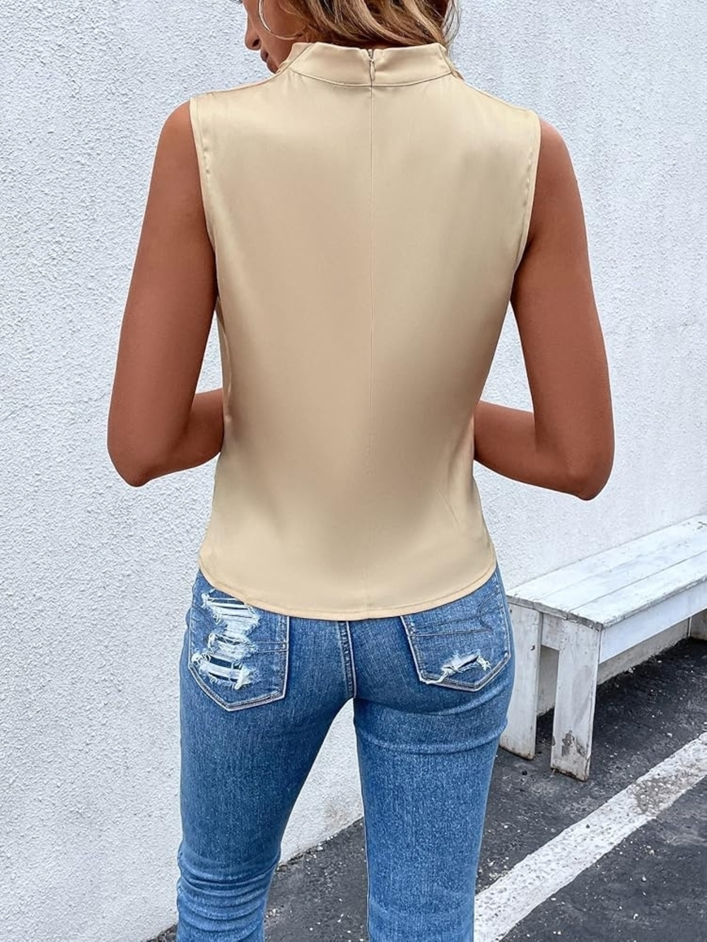Sleeveless Satin Drape Neck Top in Champagne Gold - Picture 3 of 6